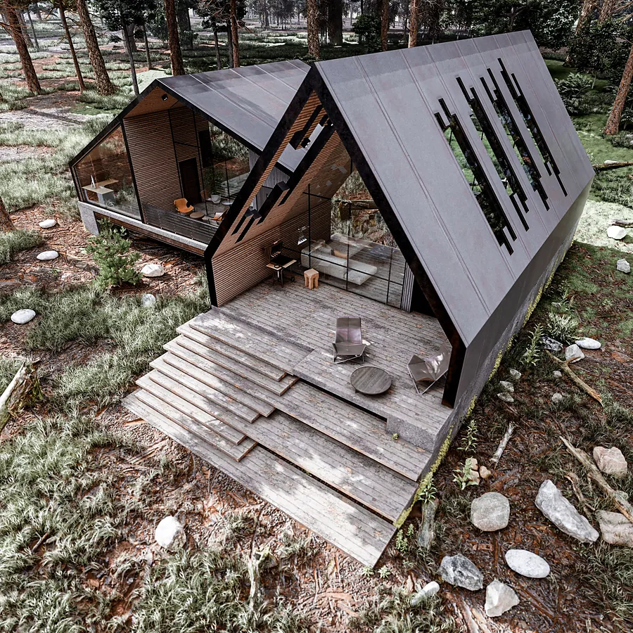 Puzzle Cabin seen from above, set into pine heath